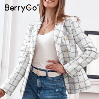 BerryGo Za office kariran belo obleko jopič jeseni Elegantno žep z dolgimi rokavi ženske jopič jopič Vzročno ženska moda vrh coats