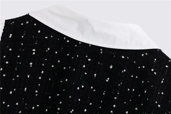ZXQj Ženske Tweed Mozaik Bluzo 2021 Jeseni Mode Dolg Rokav Dame Zavoj navzdol Ovratnik Shirt Ženski Ponaredek Dva-kos Majica