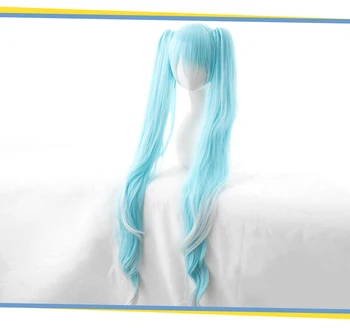 Anime Vocaloid Sneg Miku Cosplay Lasuljo Gradient Modra 120 cm Dolge Valovite Sintetičnih Las Z Čip Ponytails + Lasuljo Skp