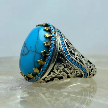 Sterling srebro 925 turški ročno izdelan nakit turkizno kamen moški prstan vse velikosti darilo za njega