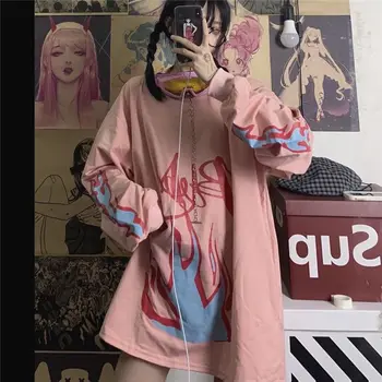 HOUZHOU Goth Gothic Tshirt Ženske Dolgo sleeved Harajuku Prevelik Jeseni Ulične Tees Hip Hop korejski Vintage Moda Vrhovi Roza