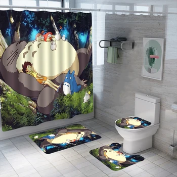 Anime 3D Tiskanja Totoro Tuš Zavesa Nastavite Nepremočljiva Stroj Poliester Kopel Zaveso Proti drsenju Preproge, Wc Pokrov Pokrov Kopel Mat Set