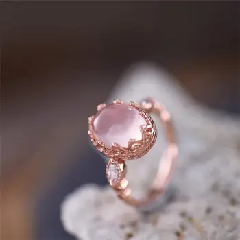 Original nova roza kristalno hibiscus kamnite čipke strani, odpiranje nastavljiv prstan elegantno čar ustvarjalne retro srebro zlatar