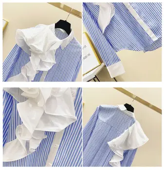 Modra Vertikalne Trakove Ogrlicom Majice za Ženske 2021 Pomlad/Jesen Dolg Rokav Retro Bluzo korejski Moda Preprost Camisas Mujer